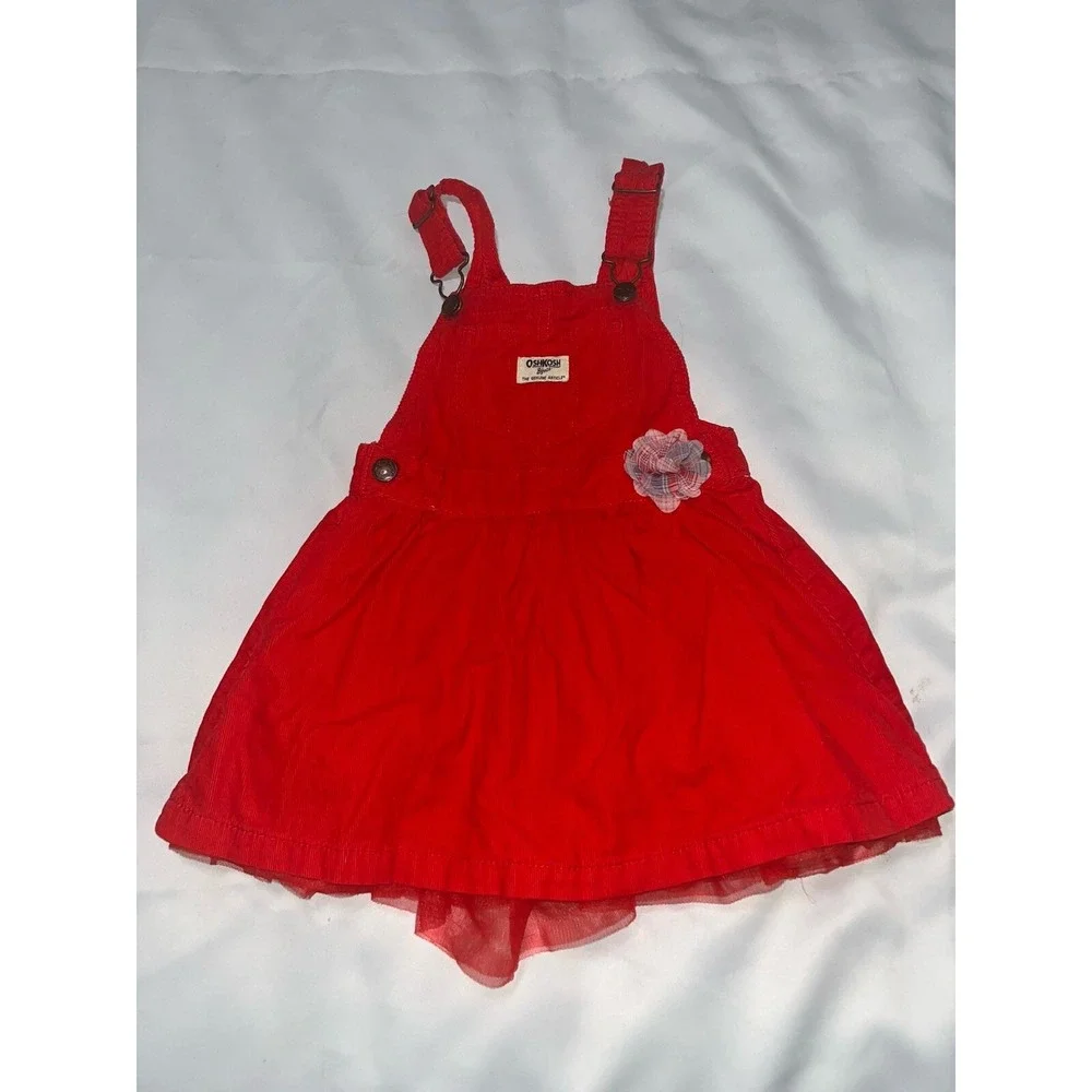 OSHKOSH‎ B'Gosh Red Corduroy w/Flower Jumper Dress Vestbak - SIZE 4t